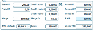 Les différents champs et coefficients pour calculer le prix de vente